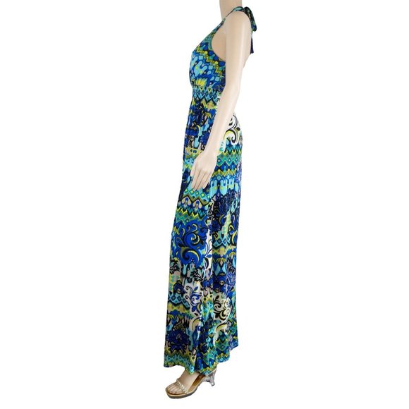 Bisou Bisou Blue Abstract Halter Maxi Dress - M, 6 - Boho Print, Stretchy, Trips - Picture 4 of 7